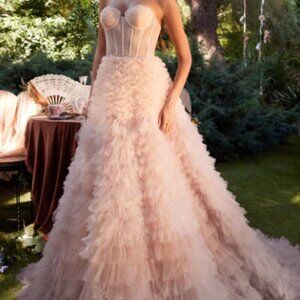 ANDREA & LEO BLUSH STRAPLESS FAUX CORSET W/ RUFFLED OMBRE BALL GOWN